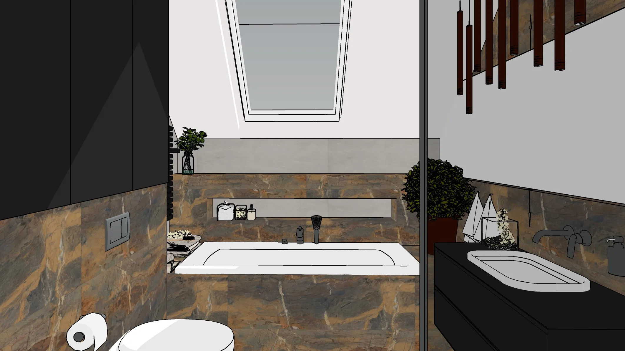 Łazienka na poddaszu – model 3D przed renderingiem