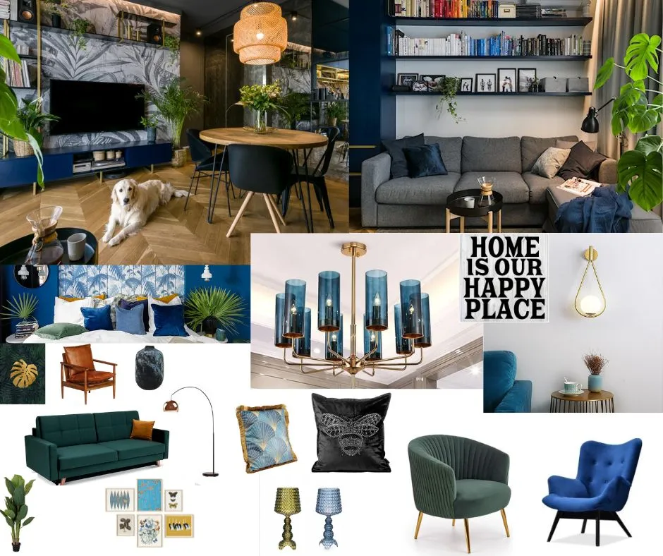 Moodboard – salon w butelkowej zieleni i granacie