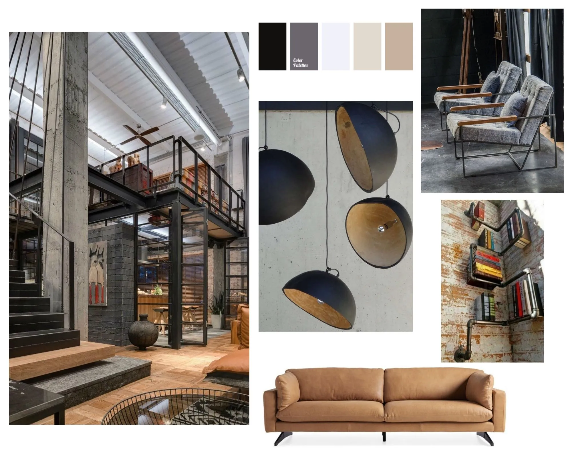 Moodboard – industrialny salon ze skórzaną sofą