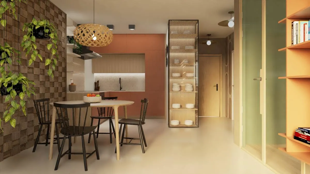Jadalnia z roślinami i witryną – projekt kursanta
